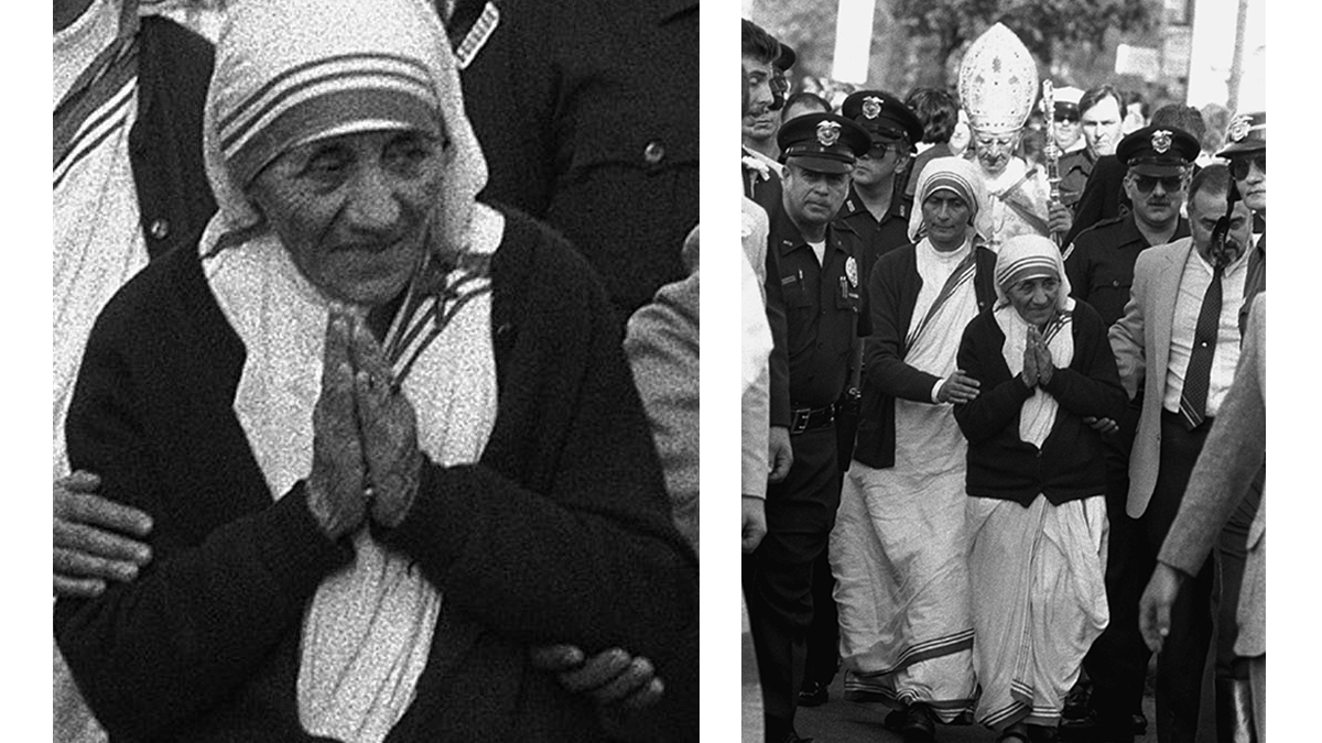 Mother Teresa of Calcutta is led from services at St. Patrick's Church in Norristown by Sister Priscilla of Mother Teresa's order in 1984.  Mother Teresa was in Norristown to dedicate a new convent for her Missionaries of Charity Order.  Also pictured behind Sister Priscilla is Cardinal John Krol of Philadelphia who participated in the dedication and the church service. (Amy Sancetta/AP photo)