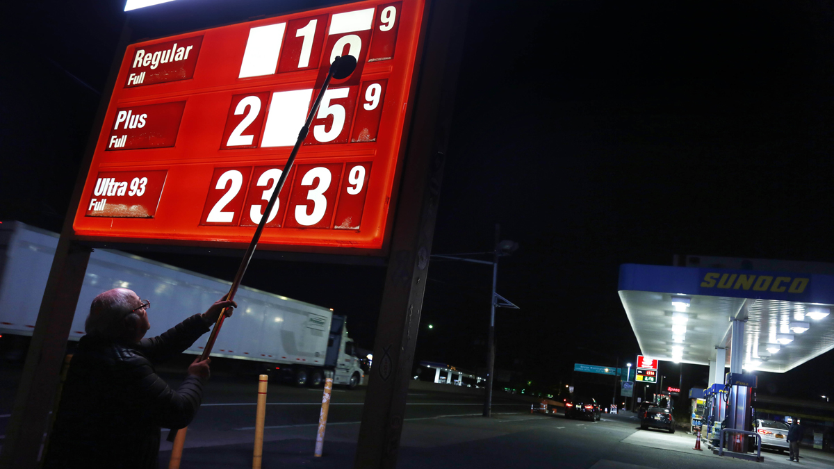 Leon Balagula changes the price for the gasoline at his Sunoco station in the early Tuesday morning in Fort Lee
