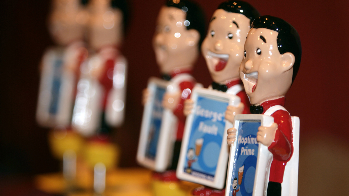  Caricatures top the beer taps of the offerings from Nodding Head Brewing Company of Philadelphia, Pa. New legislation would increase the amount of beer companies can sell and still be considered 