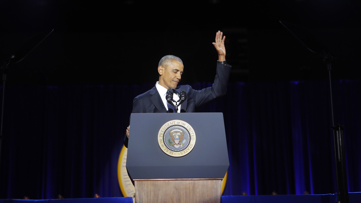 President Barack Obama waves after the conclusion of his farewell address at McCormick Place in Chicago