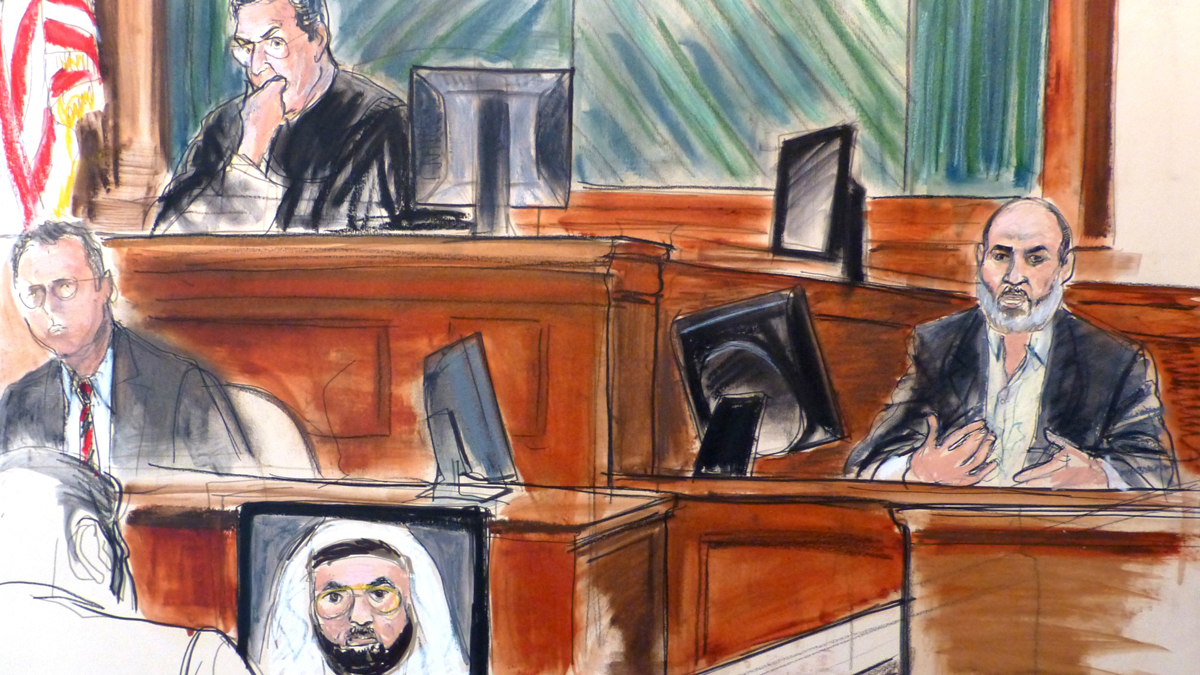  In this courtroom sketch Osama bin Laden's son-in-law, Sulaiman Abu Ghaith, right, testifies at his trial Wednesday, March 19, 2014, in New York, on charges he conspired to kill Americans and aid al-Qaida as a spokesman for the terrorist group. In his surprise testimony, Abu Ghaith recounted the night of the Sept. 11, 2001, attacks, when bin Laden sent a messenger to drive him into a mountainous area for a meeting inside a cave in Afghanistan. (Elizabeth Williams/AP Photo) 