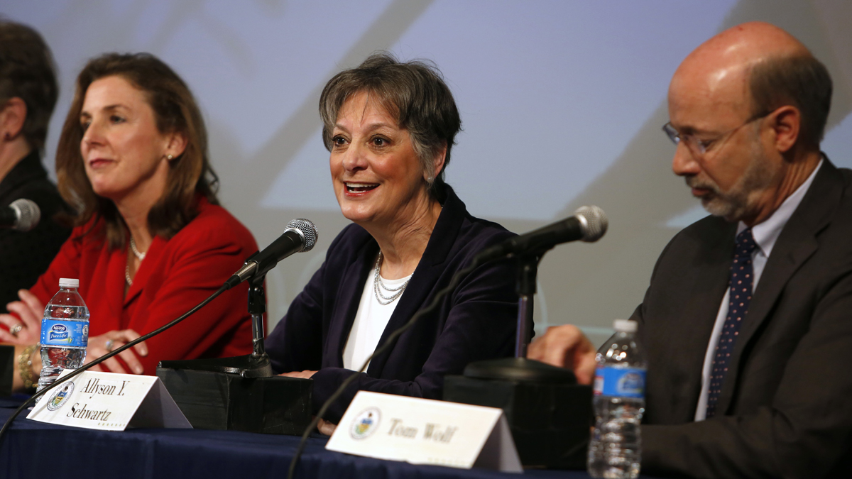  Pictured during a forum in Philadelphia are three of the four remaining gubernatorial candidates left in the race: U.S. Rep. Allyson Schwartz (center) Former Pennsylvania environmental protection secretary Katie McGinty (left) and York businessman Tom Wolf. Not pictured is PA State Treasurer, Rob McCord. (AP Photo/Jacqueline Larma) 