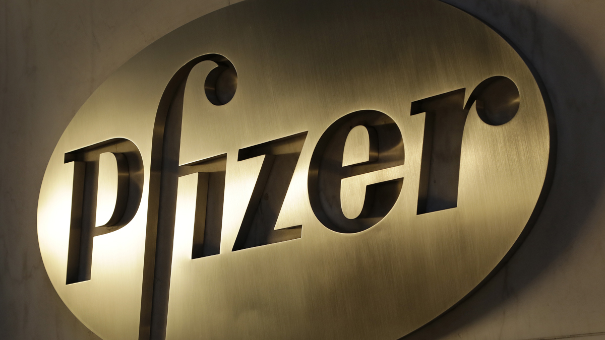 The Pfizer logo at its world headquarters