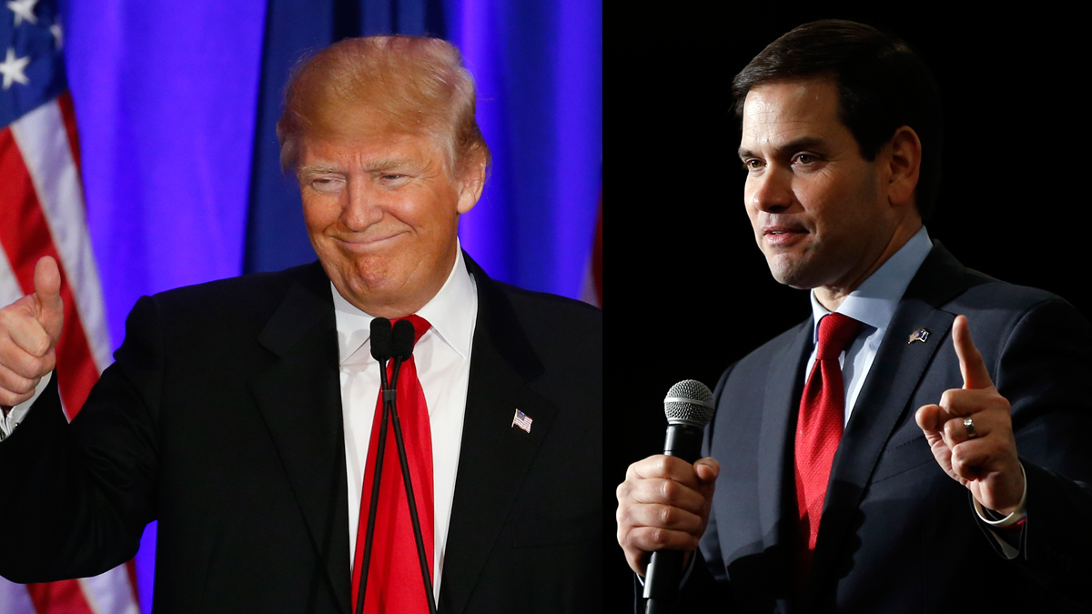 Republican presidential candidate Donald Trump (left) gives a thumbs up during a South Carolina Republican primary night event in Spartanburg