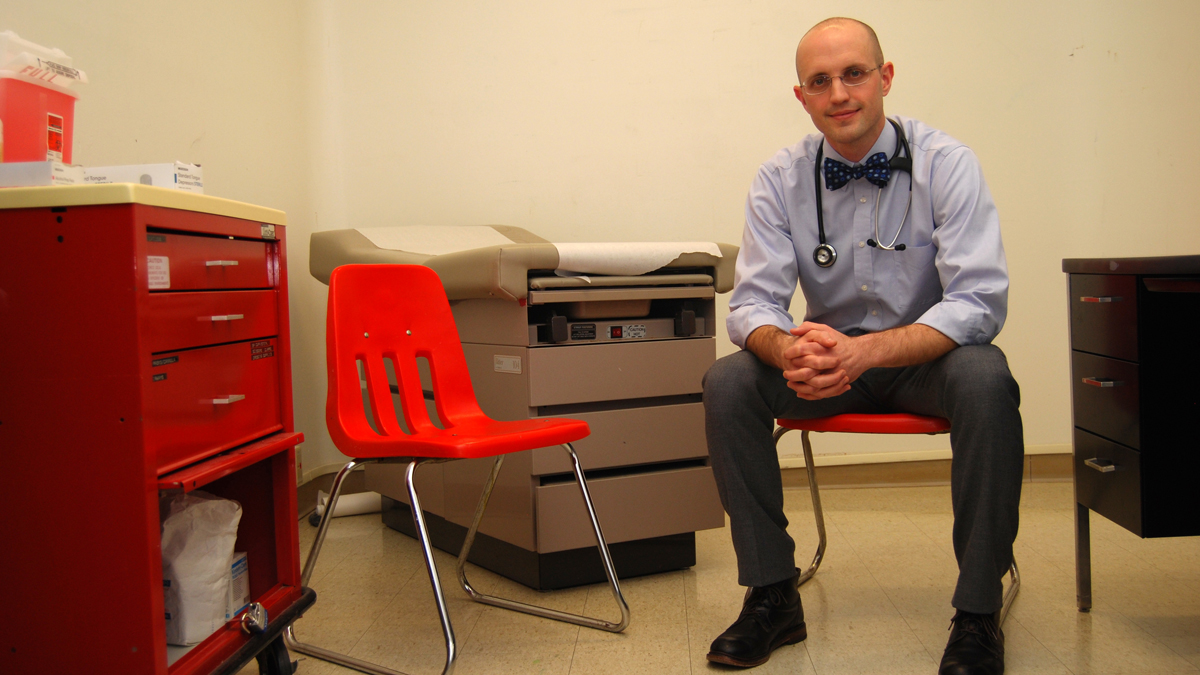 Dr. Travis Baggett in the new clinic space at the shelter. They've moved out of the women's bathroom