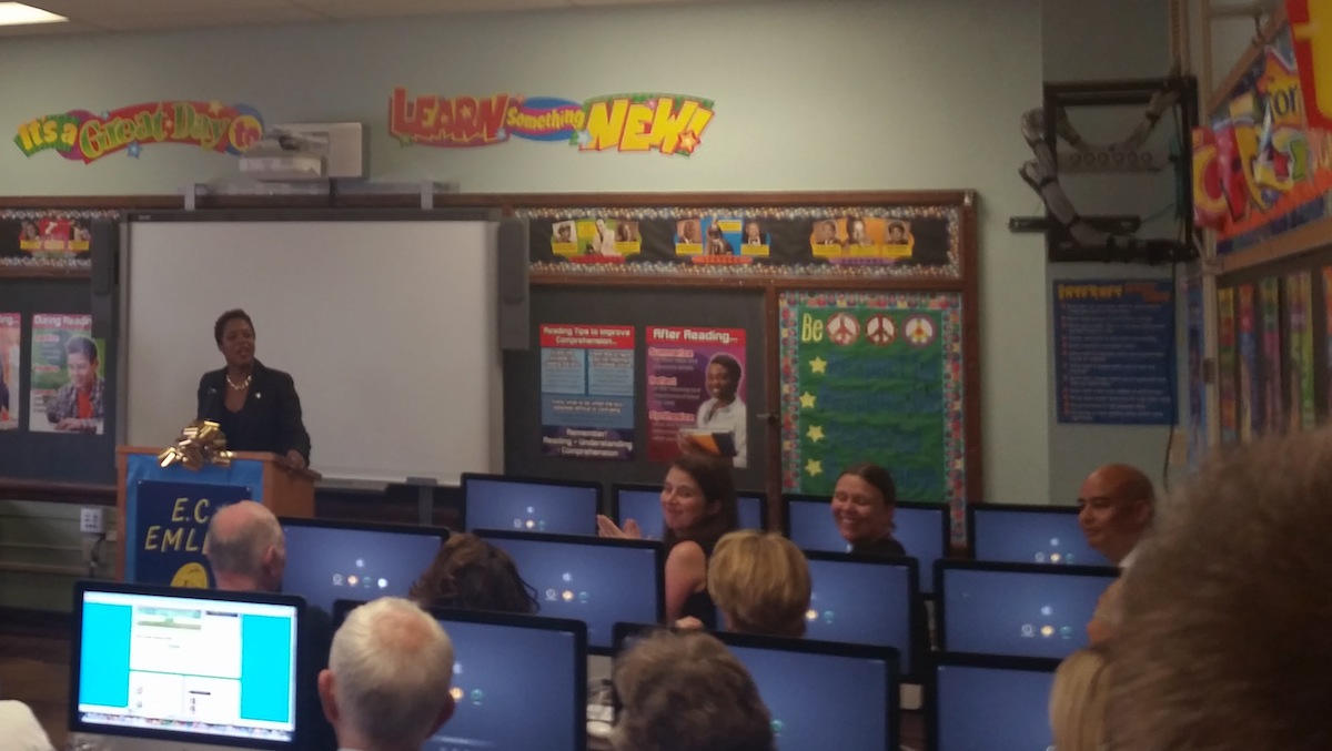  Councilwoman Cindy Bass speaking in the new computer lab at Emlen Elementary School in Mt. Airy. (Marcus McCarthy/for NewsWorks) 