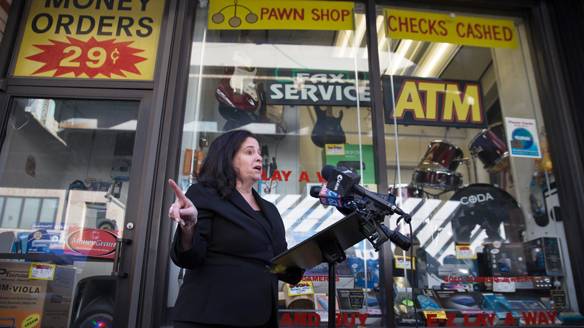 File photo: Beth Grossman announcing a run for DA in 2017. (Lindsay Lazarski/WHYY)    
