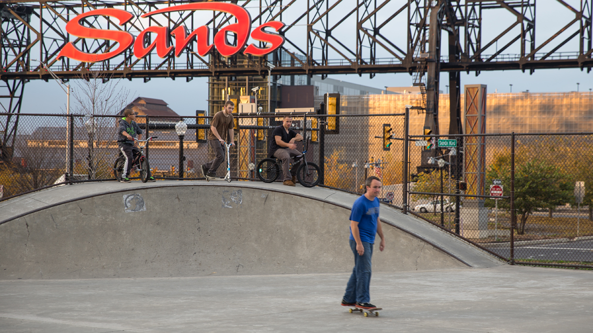 Patrons skate and bike at the Bethlehem Skateplaza across the street from the Sands Resort Casino.  (Lindsay Lazarski/WHYY)