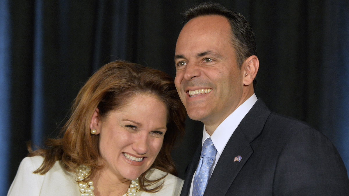  Kentucky Republican Gov.-elect Matt Bevin, right, and his wife Glenna react to the cheers of supporters during his introduction at the Republican Party victory celebration, Tuesday, Nov. 3, 2015, in Louisville. (AP Photo/Timothy D. Easley) 