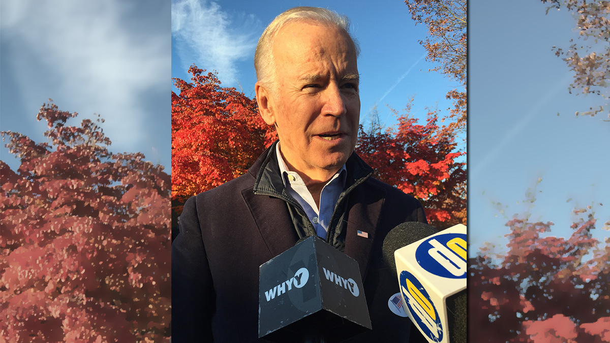  Former Vice President Joe Biden received a portrait of his late son Beau Biden during a ceremony at a Wilmington pool. (Bria Ashley Parker/for NewsWorks) 