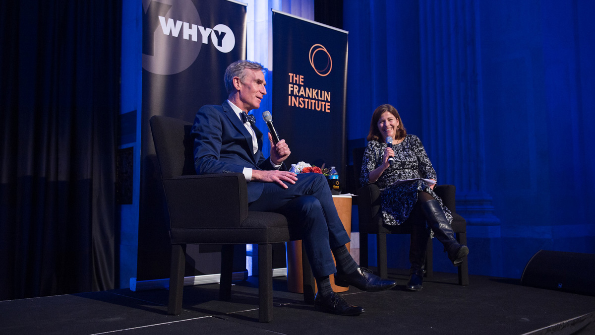 Bill Nye and Maiken Scott speaking at the Franklin Institute. (Daniel Burke Photography)