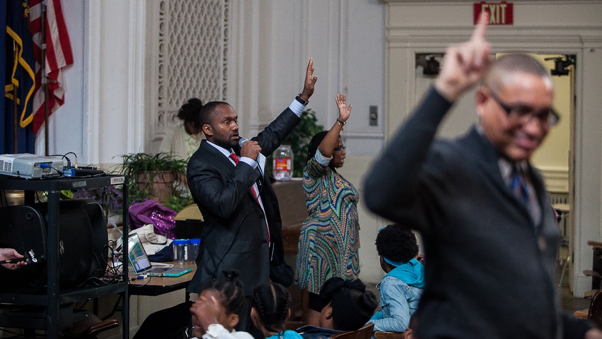  Roosevelt Principal Byron Ryan at an assembly on Thursday introducing the Positive Behavioral Intervention and Supports initiative to the school. (Brad Larrison/for NewsWorks) 