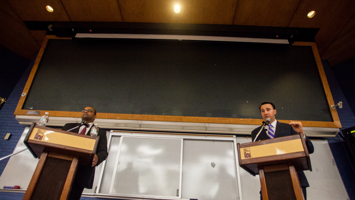 Manan Trivedi, the Democratic candidate (left) and Ryan A. Costello, the Republican candidate, debate at West Chester University Monday, October 20. The two are vying for the seat of outgoing Republican incumbent U.S. Representative Jim Gerlach in the 6th District.