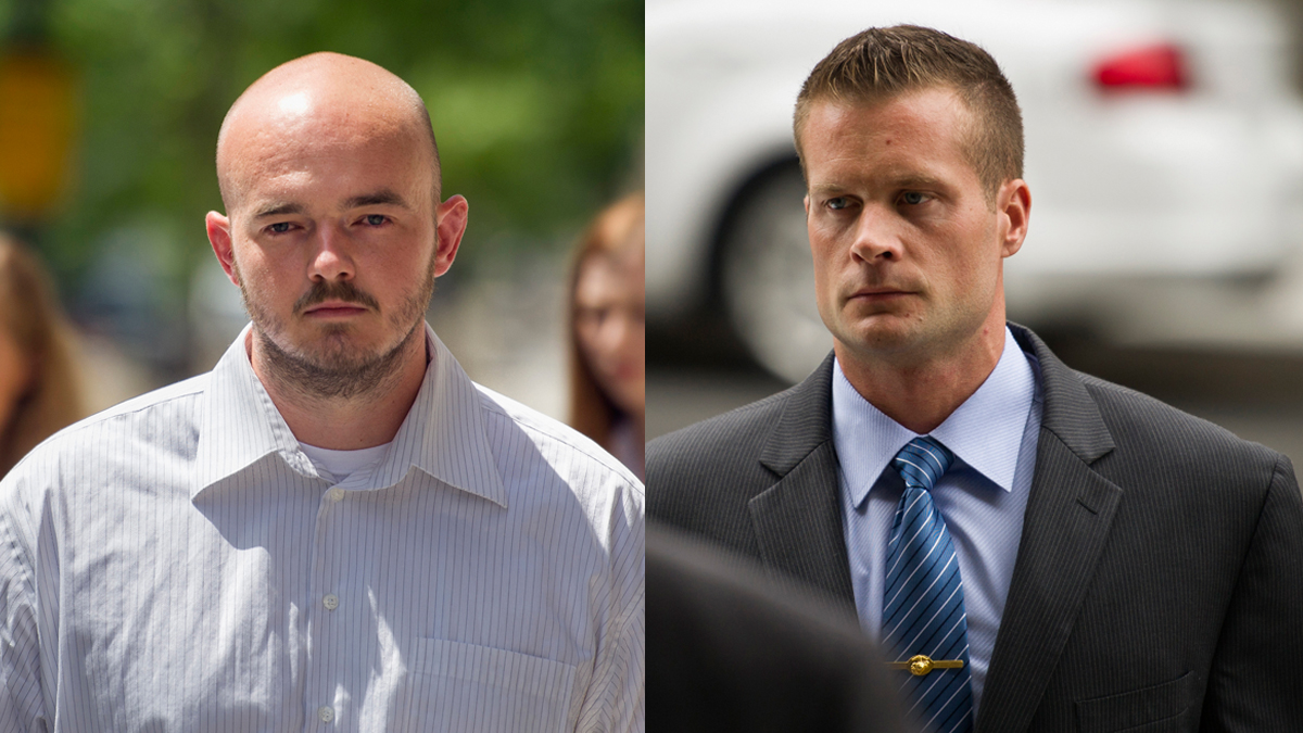  Former Blackwater Worldwide guards Nicholas Slatten (left) and Evan Liberty pictured  June 11, 2014, leaving federal court in Washington (Cliff Owen/AP Photos, file) 