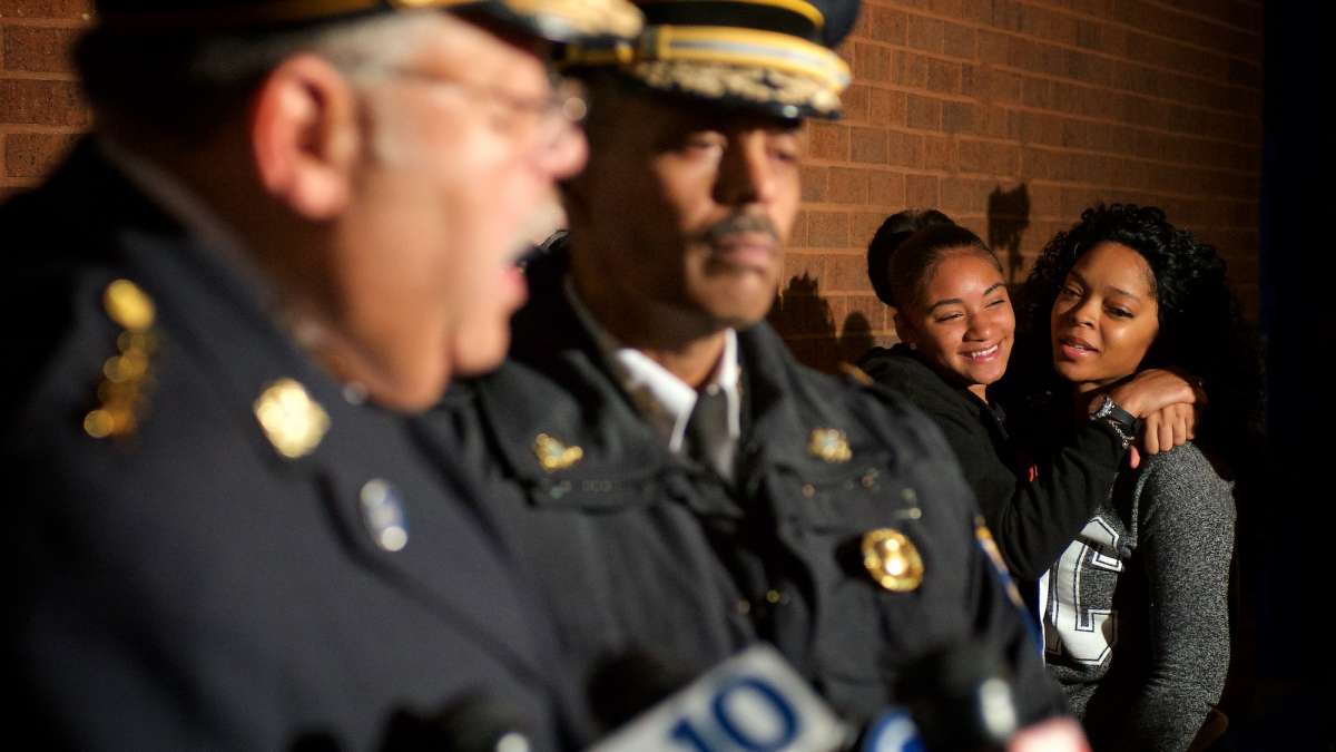  Expressions of relief at a press conference Wednesday night announcing that Carlesha Freeland-Gaither had been found alive and well. (Bas Slabbers/for NewsWorks) 