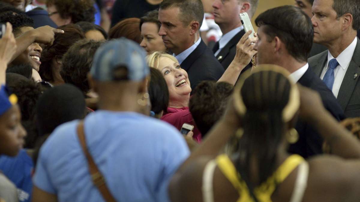 Hillary Clinton takes a selfie with a supporter after a rally in West Philadelphia (Newsworks photo/Bas Slabbers)