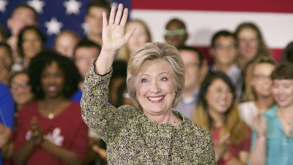 Hillary Clinton waves to supporters at Temple University. (Bas Slabbers/NewsWorks)