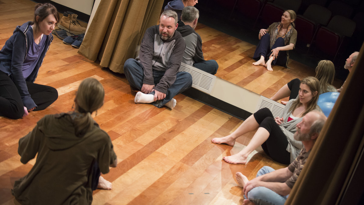  Pictured with her  back to the foreground is Nancy Boykin, then, from left, Emilie Krause, David Bardeen, Kim Carson, and Bob Weick, in Theatre Horizon's production of 