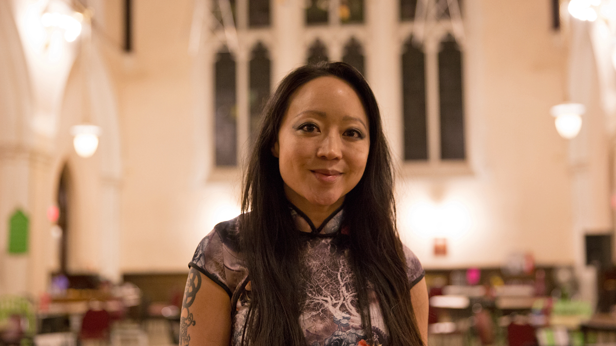  Artist Candy Chang is working on a new mural with The City of Philadelphia Mural Arts' Porch Light Program. (Lindsay Lazarski/WHYY)  