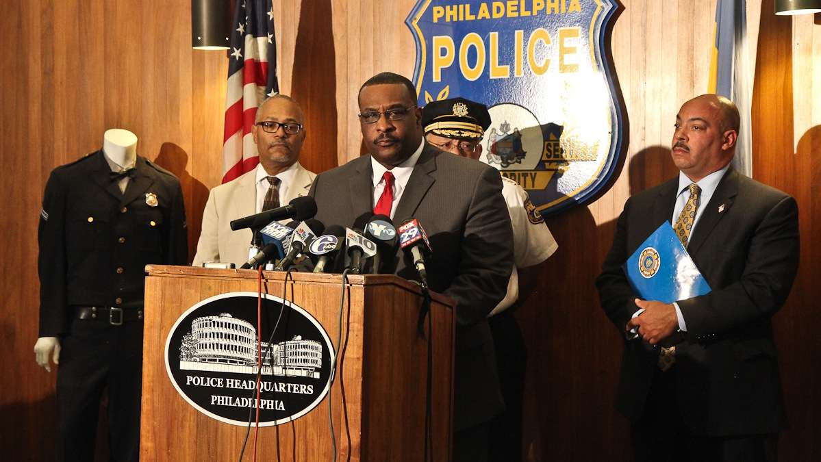  Captain James Clark, Homicide Unit, announces new developments in Friday's carjacking and fatal accident including the arrests of 2 men.(Kimberly Paynter/WHYY) 