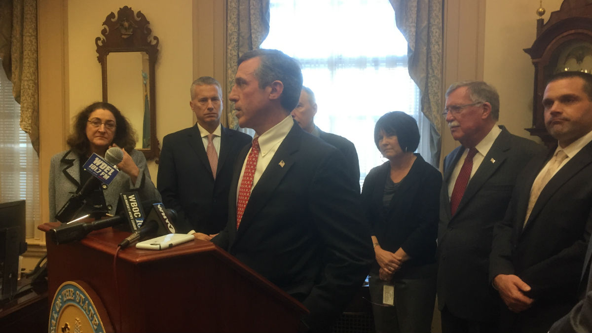 Gov. John Carney talks in his office in Legislative Hall in Dover. (Zoë Read/WHYY)