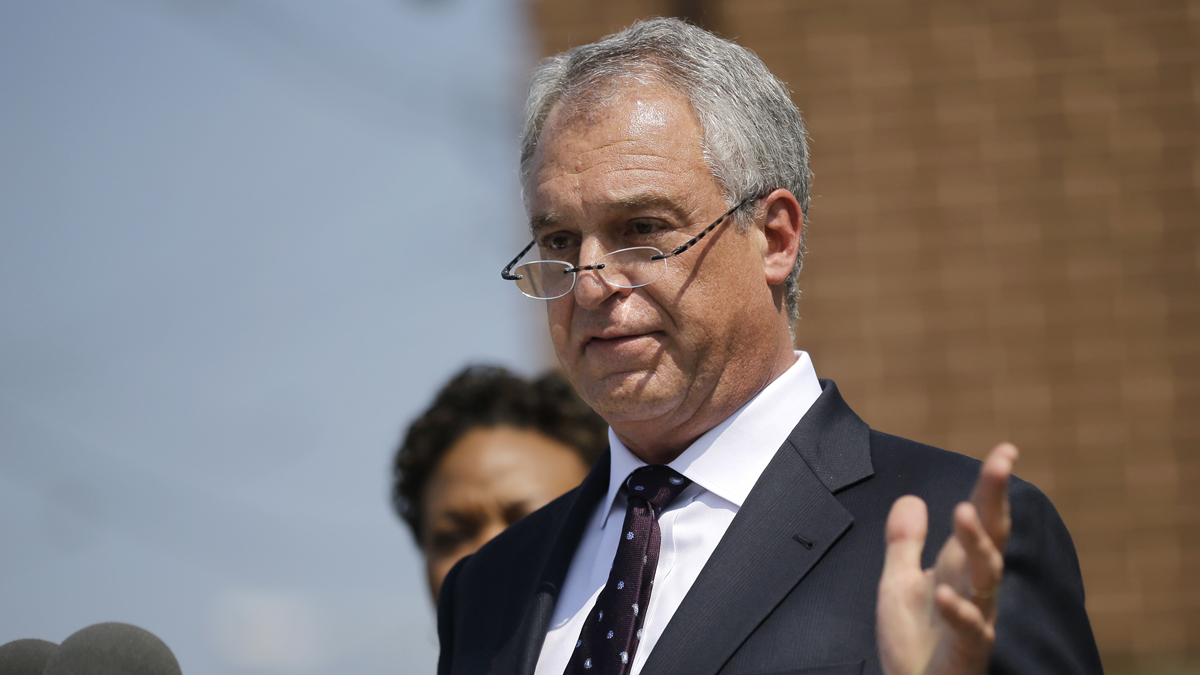  New Jersey Commissioner of the Department of Education, Christopher D. Cerf addresses a gathering Wednesday, Aug. 21, 2013, in Camden, N.J. (AP Photo/Mel Evans) 