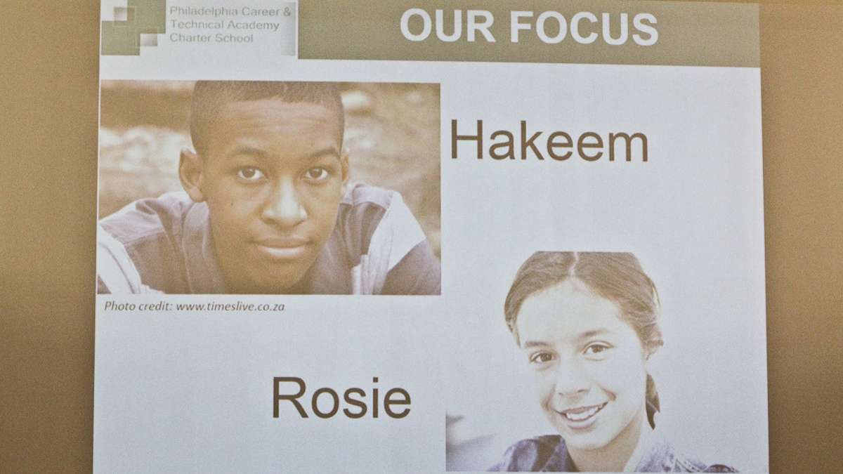  Charter applicant Philadelphia Career & Technical Academy Charter School puts a focus on the lives of two hypothetical students at a presentation on Dec. 8. (Kimberly Paynter/WHYY) 