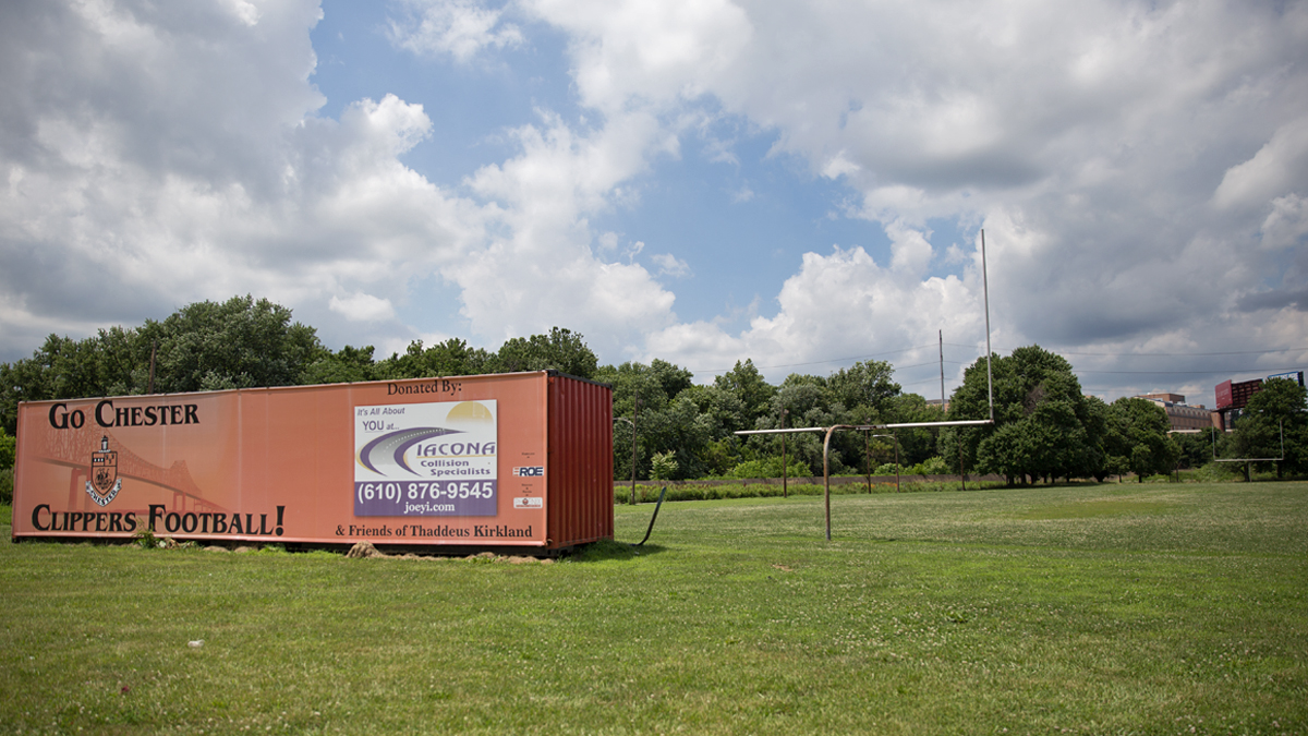  An abandoned football field next to Chester High School Main Campus.  Pennsylvania Governor Tom Corbett and the Department of Education have asked a judge to remove Joe Watkins, Chester Upland’s appointed receiver.  (Lindsay Lazarski/WHYY) 