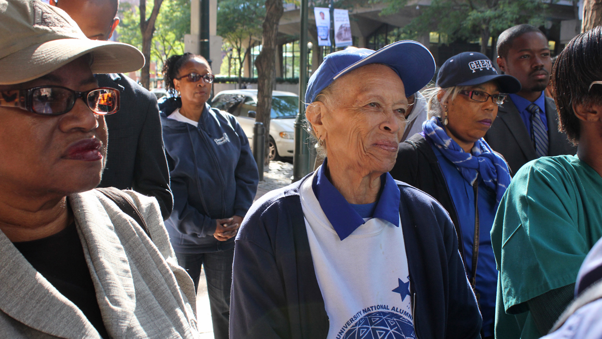  Dessie Burgess, a graduate of Cheyney University's class of '66 shows her support for her alma mater.  (Emma Jacobs/WHYY) 