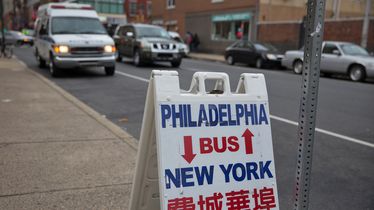  STSC Transportation Services paid $500 for a temporary permit for this bus stop, which expired in June. They owe money if they want to maintain their permit. (Lindsay Lazarski/WHYY) 