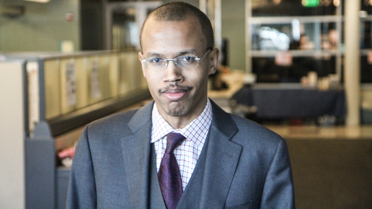  Chaka 'Chip' Fattah Jr. came to WHYY's studios during the lunch break of the first day of his federal trial. Fattah, who is not an attorney, is representing himself. (Kimberly Paynter/WHYY) 