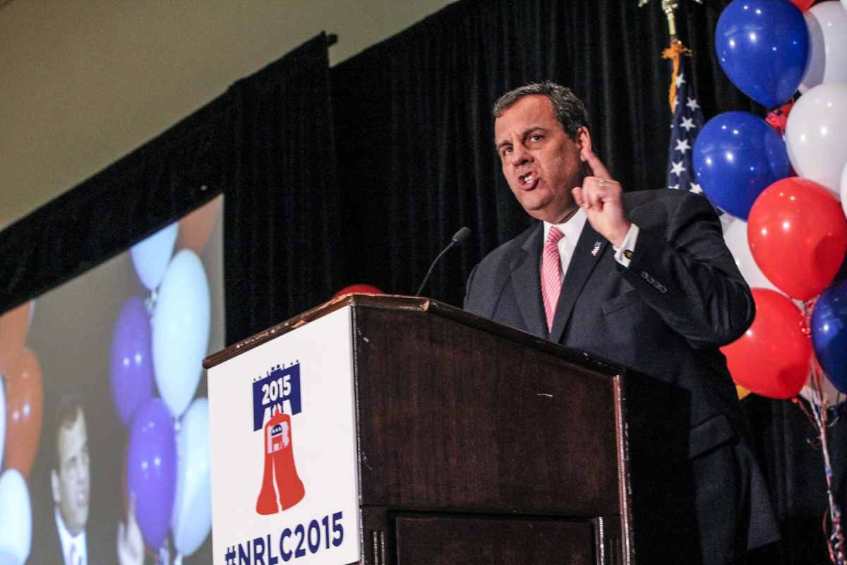 N.J. Governor Chris Christie speaks at the 2015 Northeast Republican Leadership conference. (Kimberly Paynter/WHYY)