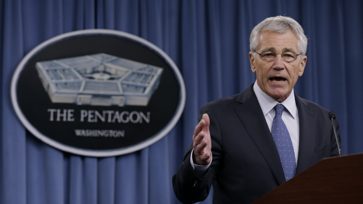  Defense Secretary Chuck Hagel briefs reporters at the Pentagon, Monday, Feb. 24, 2014, where he recommended shrinking the Army to its smallest size since the buildup to U.S. involvement in World War II in an effort to balance postwar defense needs with budget realities. (AP Photo/Carolyn Kaster) 