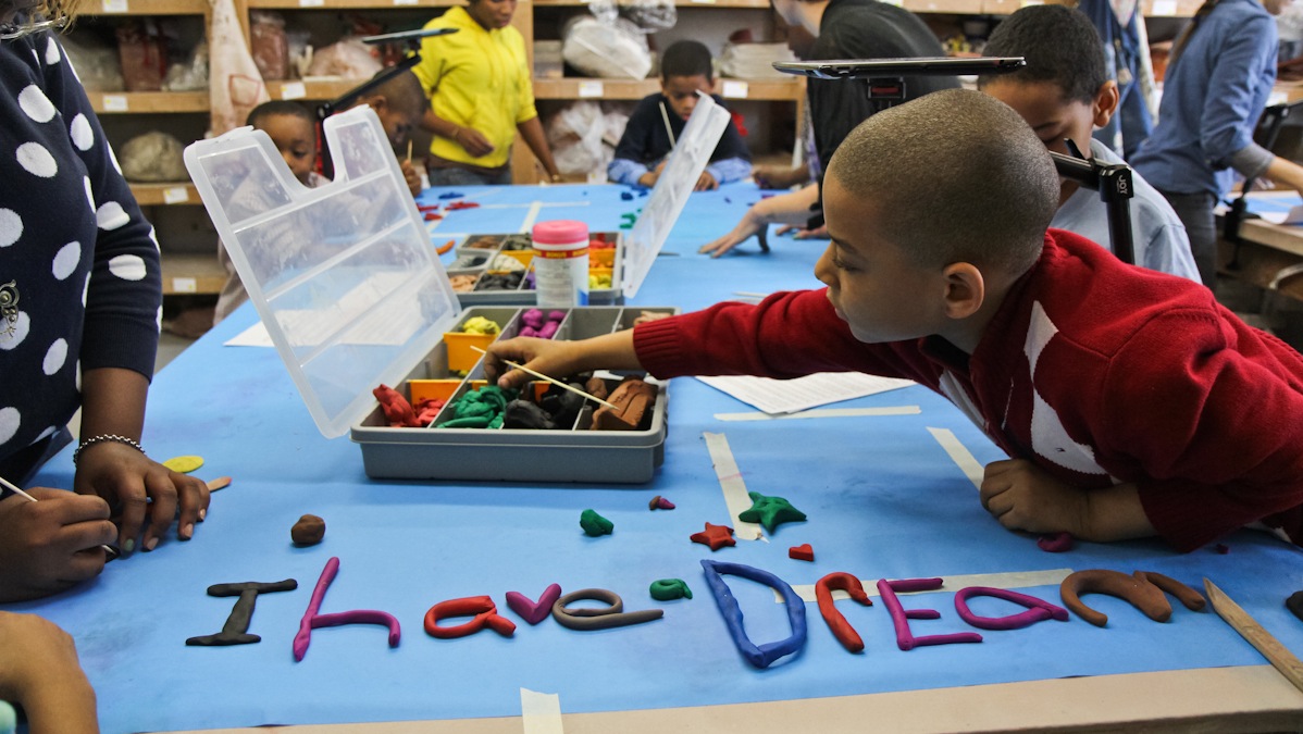 About 40 students came to the Clay Studio in Old City to create stop motion animation in honor of MLK Jr. (Kimberly Paynter/WHYY)