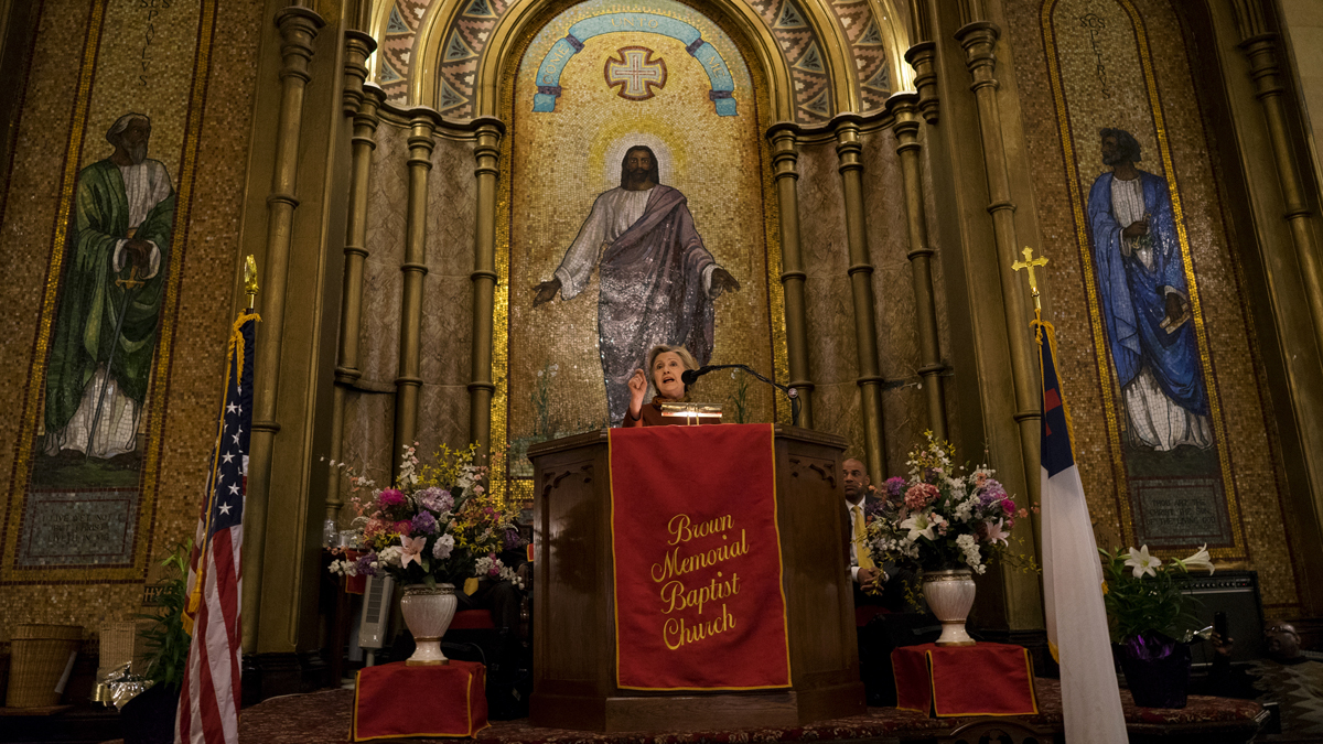 Democratic presidential candidate Hillary Clinton is shown addressing members of the Brown Memorial Baptist Church in Brooklyn