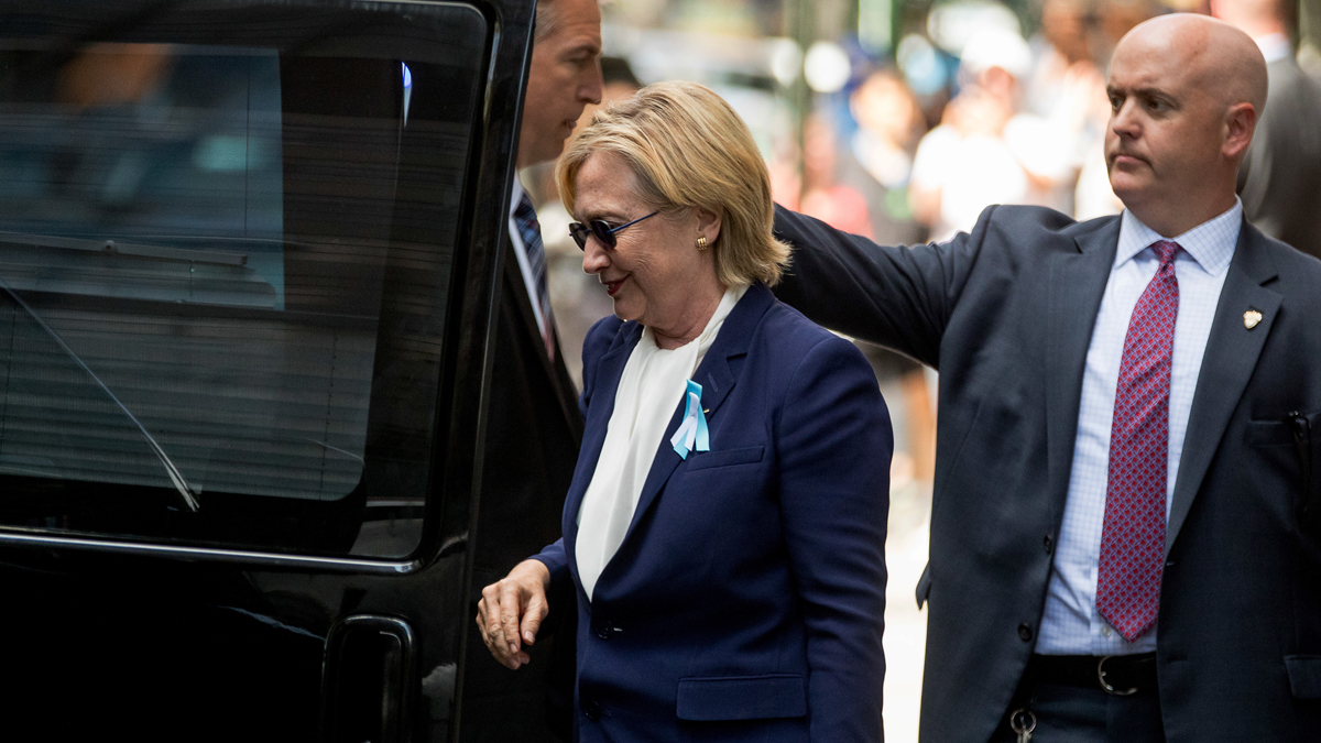 Democratic presidential candidate Hillary Clinton is shown entering a van as she leaves an apartment building Sunday