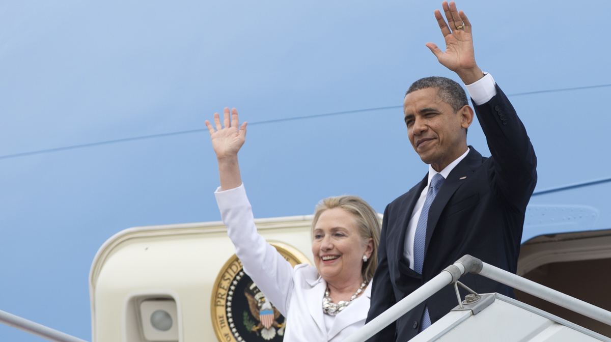  Barack Obama and Hillary Rodham Clinton (then secretary of state) are shown arriving in Myanmar on Air Force One in late 2012. (AP Photo/Carolyn Kaster) 