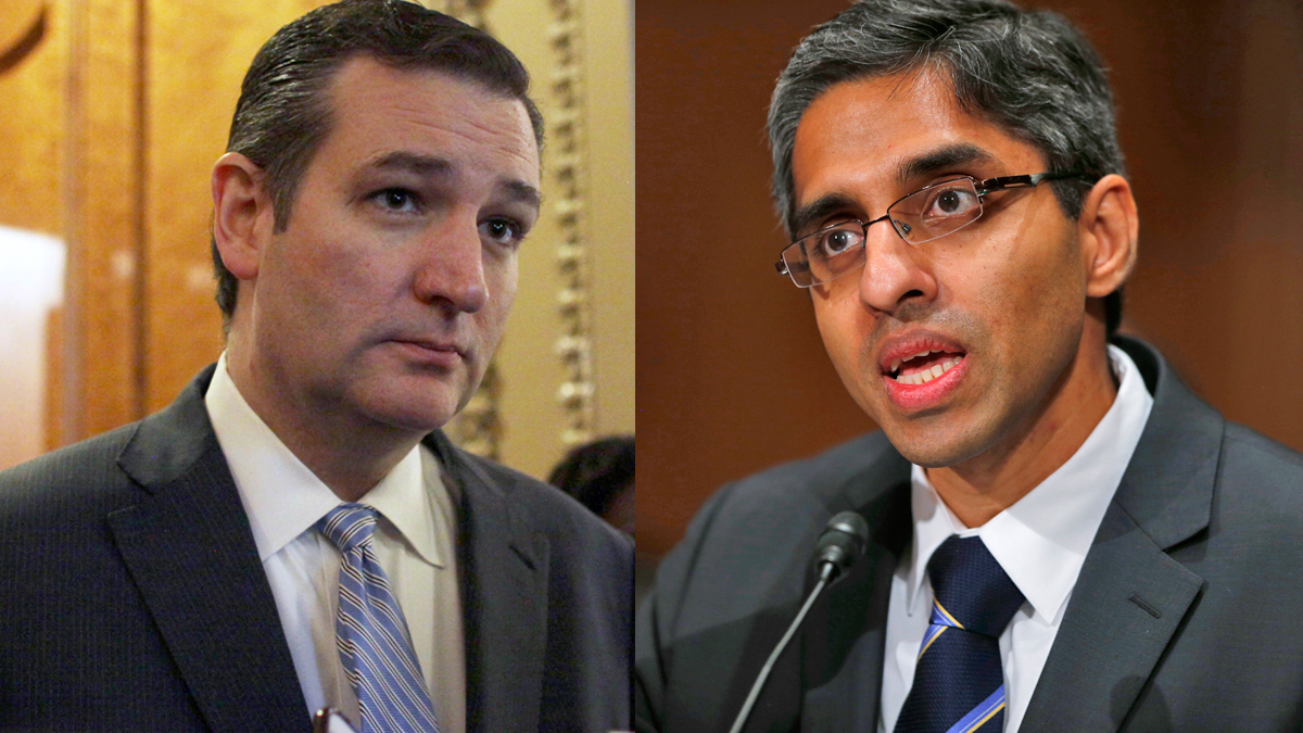  Sen. Ted Cruz, R-Texas (left) and U.S. Surgeon General Dr. Vivek Hallegere Murthy (Lauren Victoria Burke and Charles Dharapak/AP Photos) 