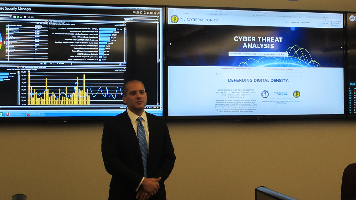  New Jersey Homeland Security and Preparedness Director Chris Rodriguez says analysts and engineers track about 750 million events a day. (Phil Gregory/WHYY) 