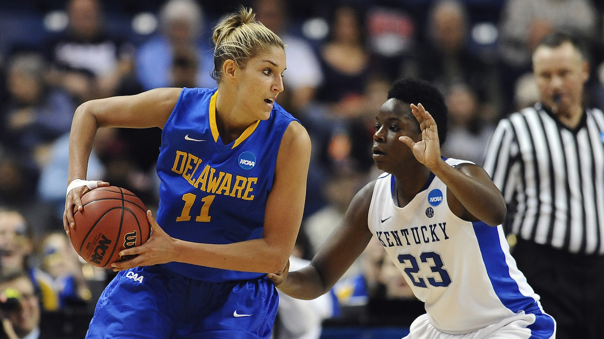  Elena Delle Donne, left, playing for Delaware during the 2013  NCAA college basketball tournament. (Jessica Hill/AP Photo) 
