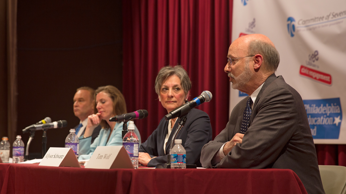  From left to right Rob McCord, Katie McGinty, Allyson Schwartz, and Tom Wolf, Democratic candidates for Pennsylvania governor agreed that local control of schools should return to a Philadelphia board.  (Lindsay Lazarski/WHYY)  