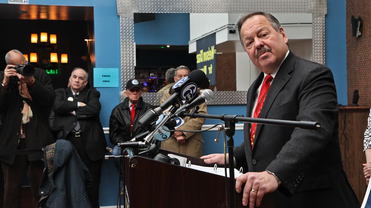  Former Philadelphia City Solicitor Judge Nelson Diaz announces his candidacy for mayor of Philadelphia to supporters Thursday. (Kimberly Paynter/WHYY) 