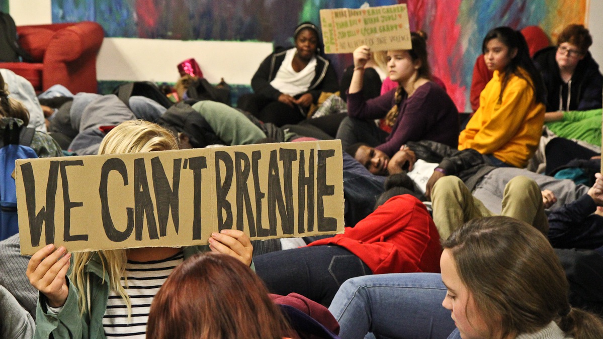 Students at Science Leadership Academy in Philadelphia participate in a 'die-in' to remember the recent deaths of African Americans by law enforcement. (KImberly Paynter/WHYY)