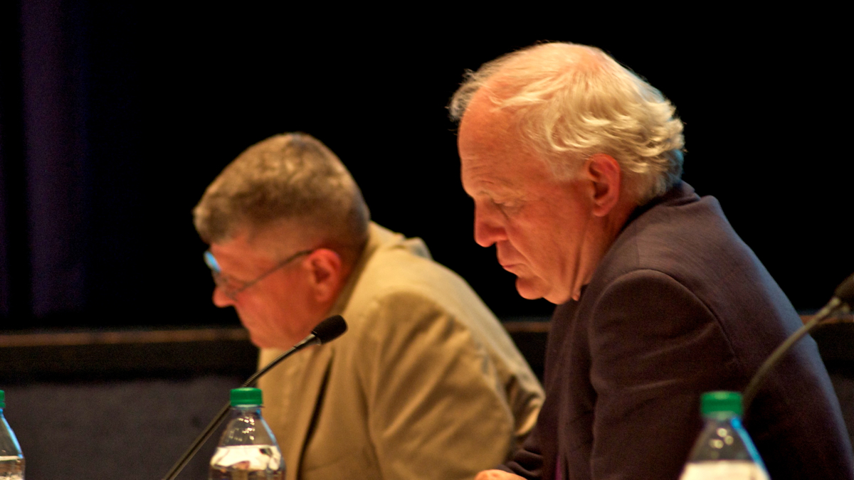 Panelists included Stan Johnson, executive director of operations for Phoenixville Area School District (right), and Upper Darby School District Superintendent Rick Dunlap. (Sara Hoover/WHYY)