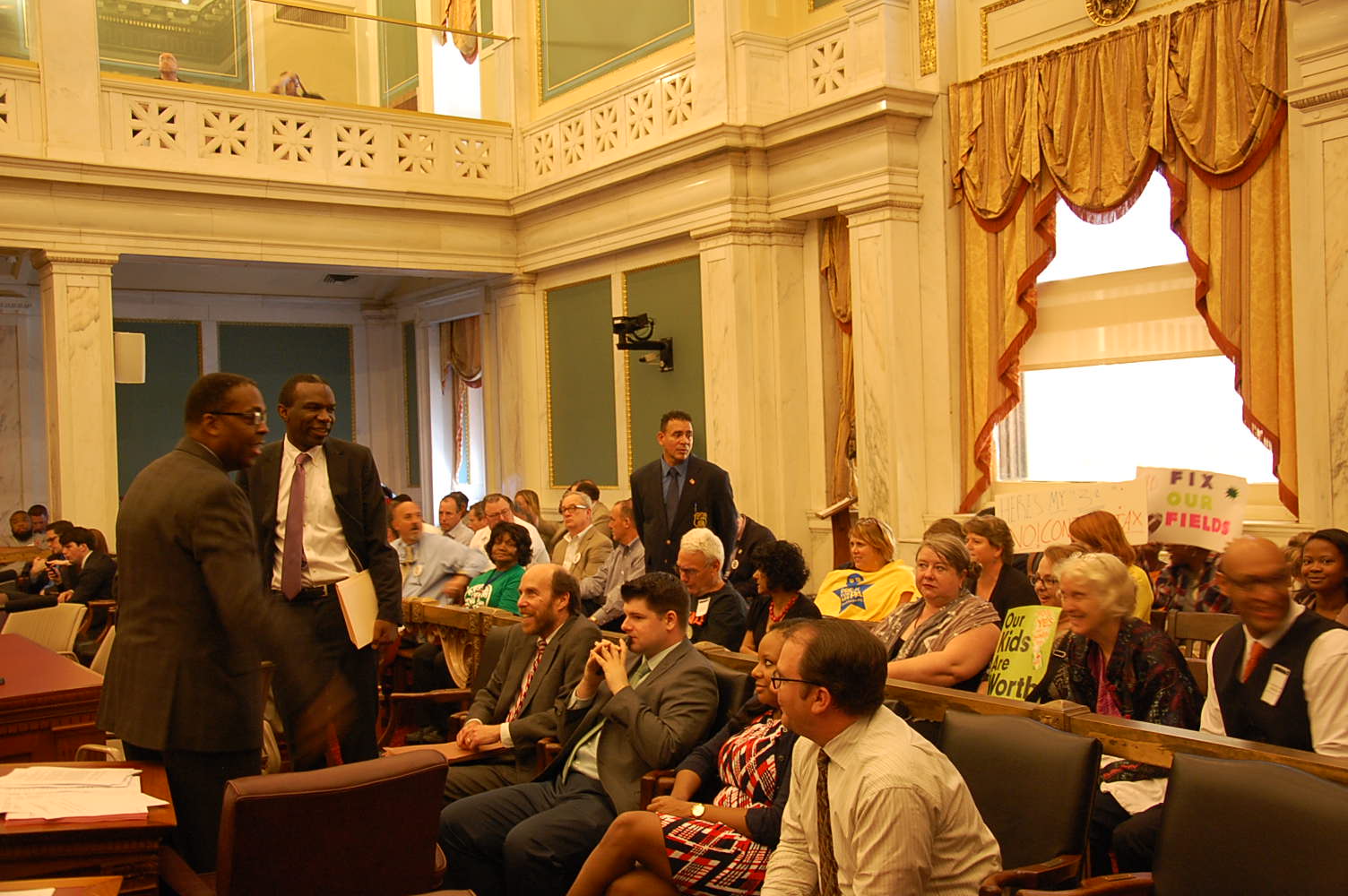 Council President Darrell Clark and Kenney administration officials talk taxes in Council chambers Wednesday.(Tom MacDonald/WHYY)