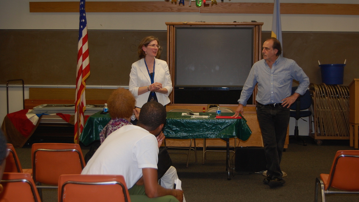  Lynn Williamson and Jim Pecora of the Free Library of Philadelphia at Coleman Library. (Emily Brooks/for NewsWorks) 
