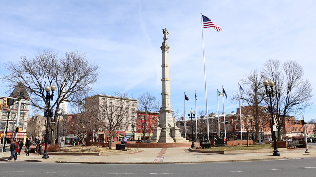 Shown is Easton’s Centre Square. The city’s development partnership received one of 12 state grants to help rebuild commercial districts and communities. (Lindsay Lazarski/WHYY)
