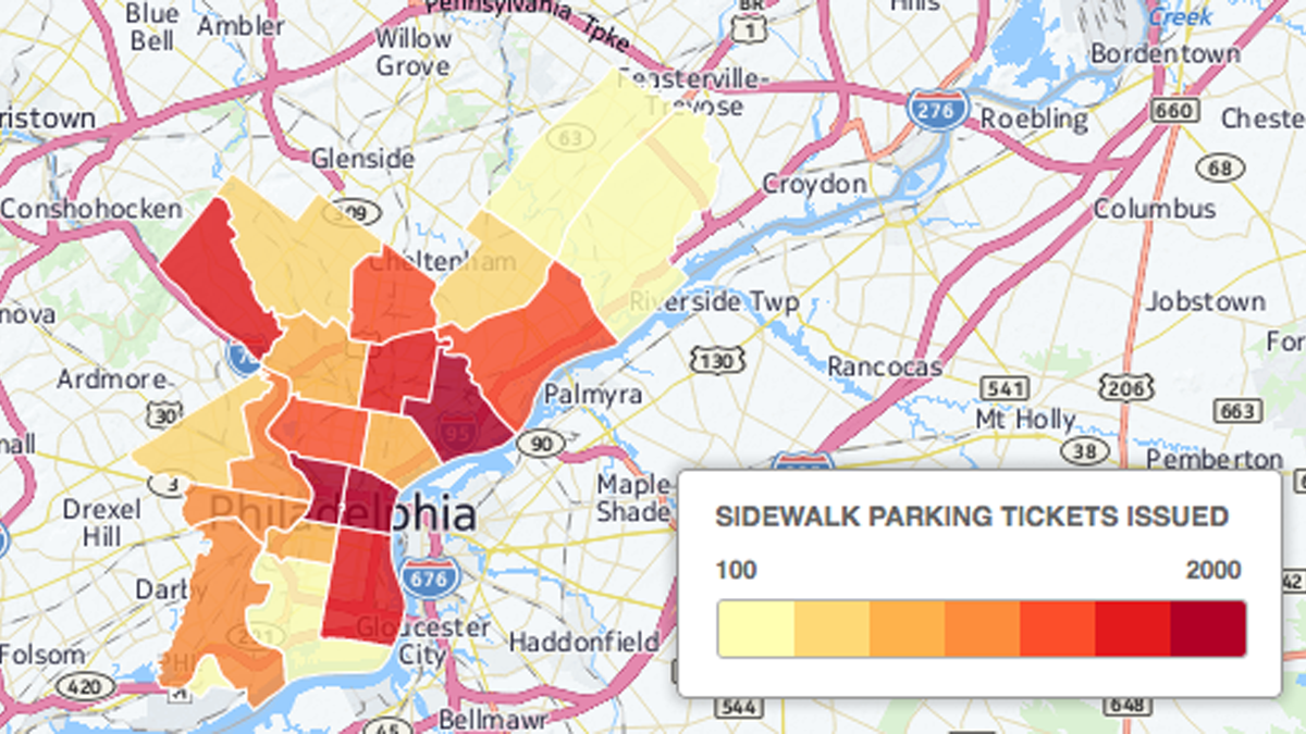  This map shows the frequency of parking tickets given in each neighborhood for parking on the sidewalk. (Image courtesy of PlanPhilly) 