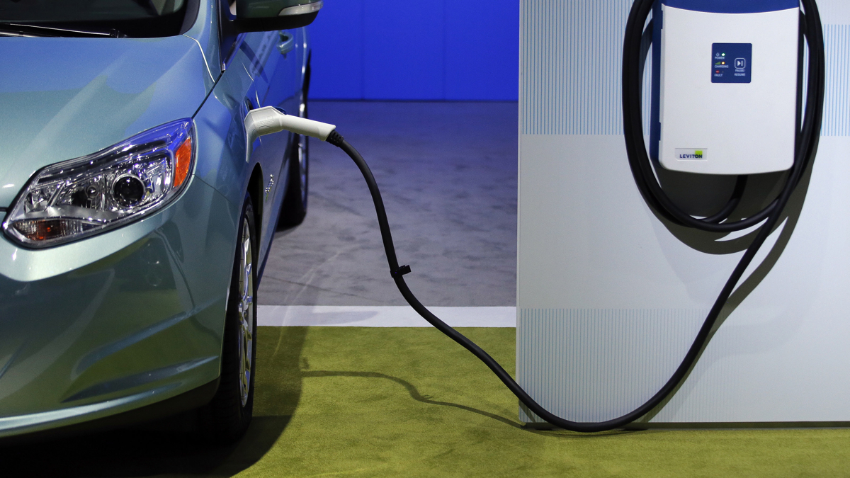 A charging station is displayed at the LA Auto Show in Los Angeles. (Jae C. Hong/Associated Press)