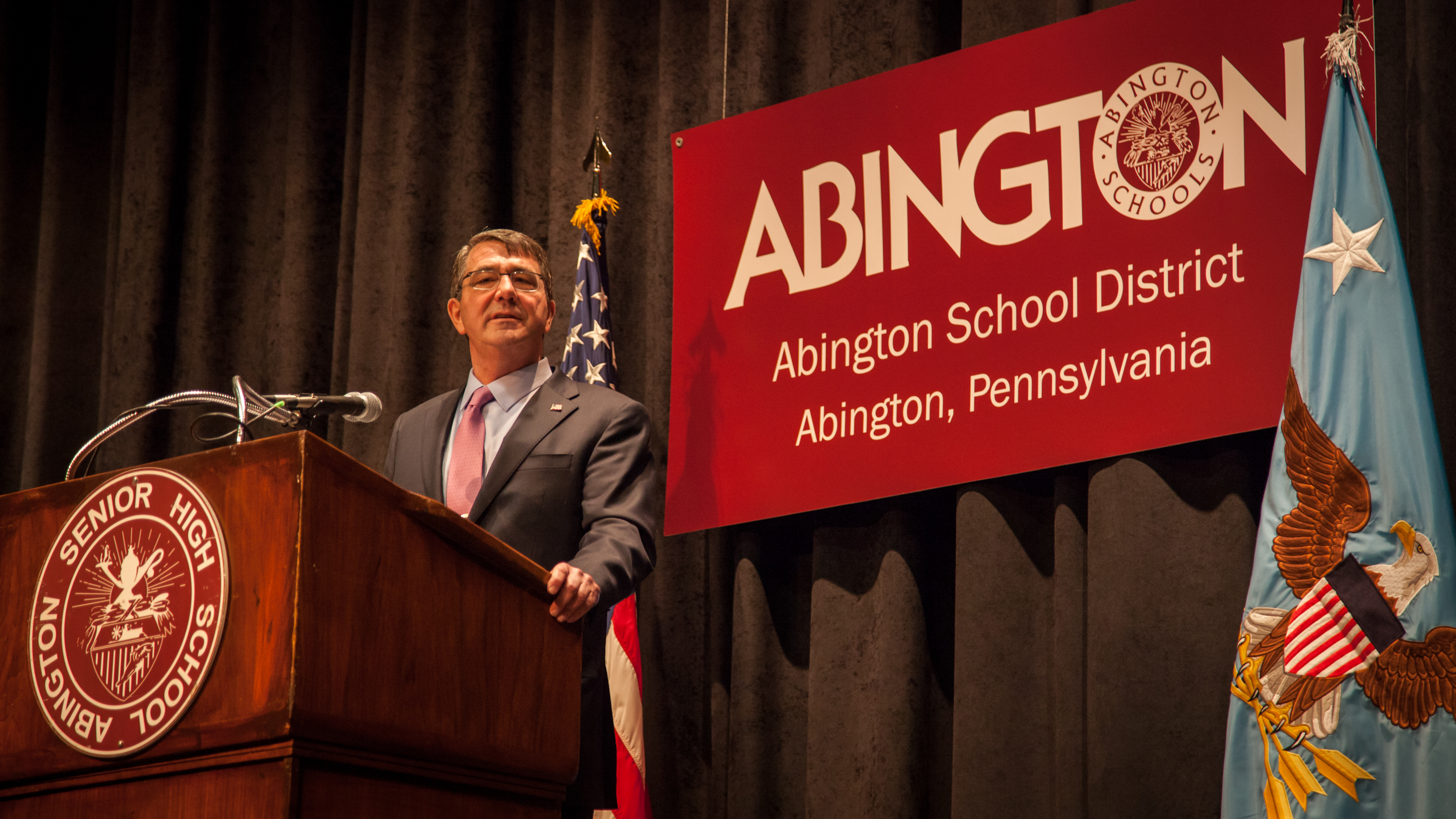 Newly confirmed, U.S. Secretary of Defense, Dr. Ashton Carter, returns to his high school alma mater, Abington Senior High School, to kick off his 